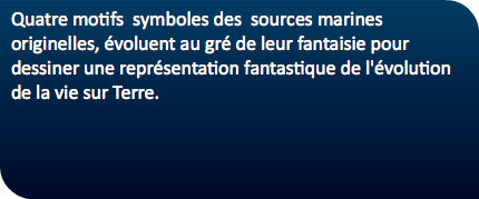 Quatre motifs symboles des sources marines originelles, évoluent au gré de leur fantaisie pour dessiner une représentation fantastique de l'évolution de la vie sur Terre.