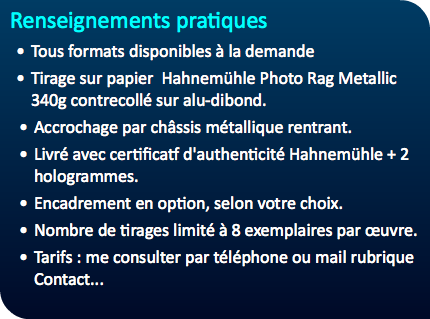 Renseignements pratiques Tous formats disponibles à la demande Tirage sur papier Hahnemühle Photo Rag Metallic 340g contrecollé sur alu-dibond. Accrochage par châssis métallique rentrant. Livré avec certificatf d'authenticité Hahnemühle + 2 hologrammes. Encadrement en option, selon votre choix. Nombre de tirages limité à 8 exemplaires par œuvre. Tarifs : me consulter par téléphone ou mail rubrique Contact...