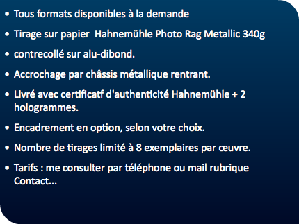 Tous formats disponibles à la demande Tirage sur papier Hahnemühle Photo Rag Metallic 340g contrecollé sur alu-dibond. Accrochage par châssis métallique rentrant. Livré avec certificatf d'authenticité Hahnemühle + 2 hologrammes. Encadrement en option, selon votre choix. Nombre de tirages limité à 8 exemplaires par œuvre. Tarifs : me consulter par téléphone ou mail rubrique Contact... 