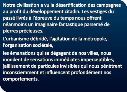 Notre civilisation a vu la désertification des campagnes au profit du développement citadin. Les vestiges du passé livrés à l’épreuve du temps nous offrent néanmoins un imaginaire fantastique parsemé de pierres précieuses. L’urbanisme débridé, l’agitation de la métropole, l’organisation sociétale, les émanations qui se dégagent de nos villes, nous inondent de sensations immédiates imperceptibles, jaillissement de particules invisibles qui nous pénètrent inconsciemment et influencent profondément nos comportements.