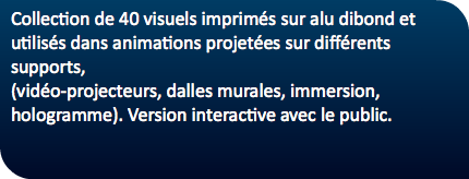 Collection de 40 visuels imprimés sur alu dibond et utilisés dans animations projetées sur différents supports,  (vidéo-projecteurs, dalles murales, immersion, hologramme). Version interactive avec le public.